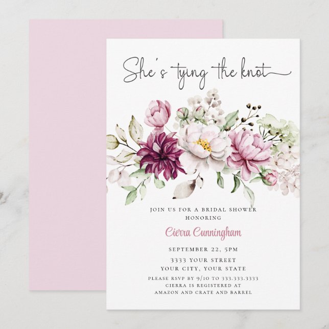 Invitation Pink White She's Tying the Knot  Floral Bridal  (Devant / Derrière)