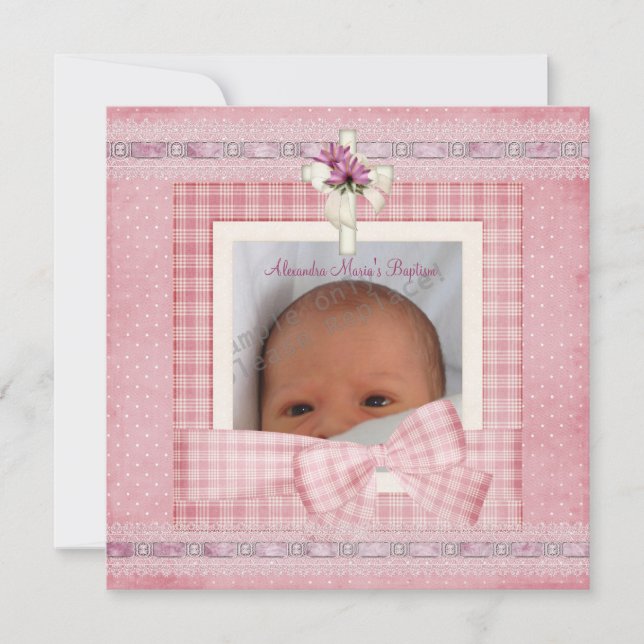Invitation Pink White Silver Photo Croix Baptême Christening (Devant)