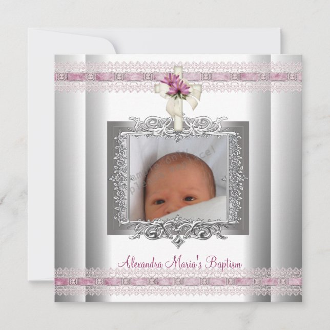 Invitation Pink White Silver Photo Croix Baptême Christening (Devant)