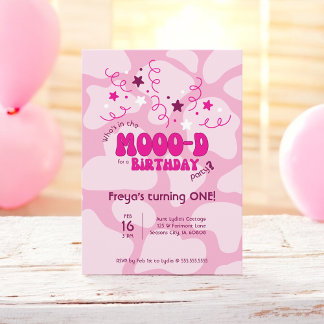 Invitation Pink Who's in the MOOO-D Cow Print 1st Birthday