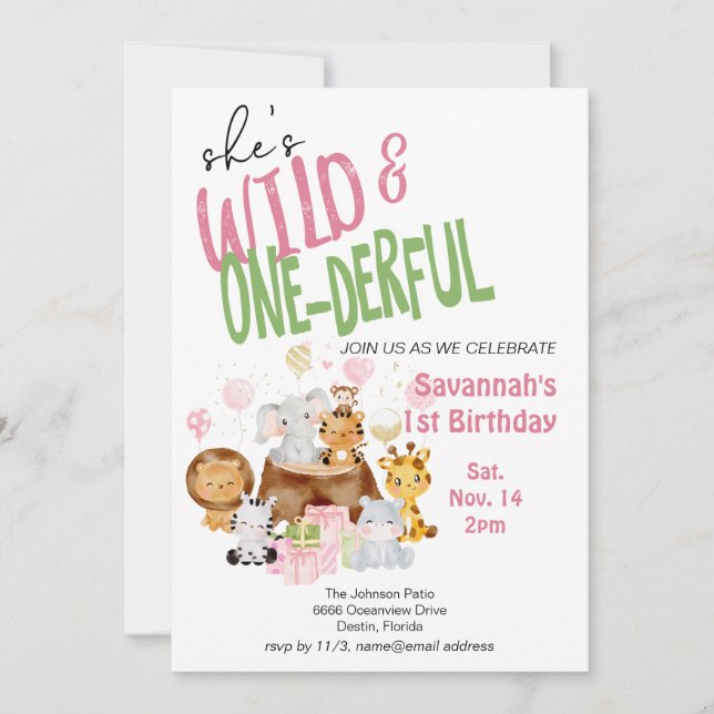 Invitation Pink Wild and Onederful Baby's First Birthday (Devant)