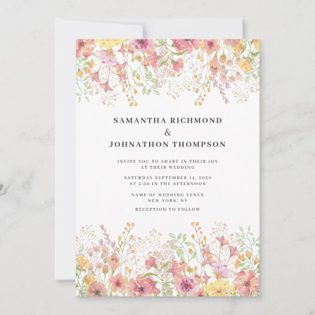Invitation Pink Wildflower Floral Watercolor Wedding (Devant)