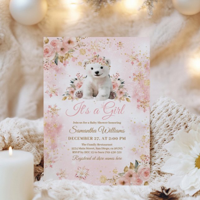 Invitation Pink Winter Bear C'est un Baby shower fille (Créateur téléchargé)