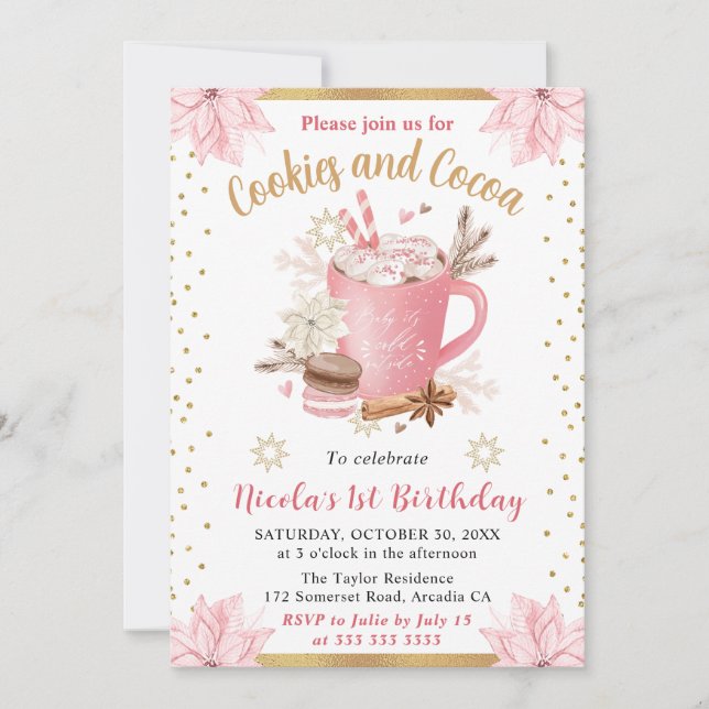 Invitation Pink Winter Cookies and Cocoa 1st Birthday (Devant)