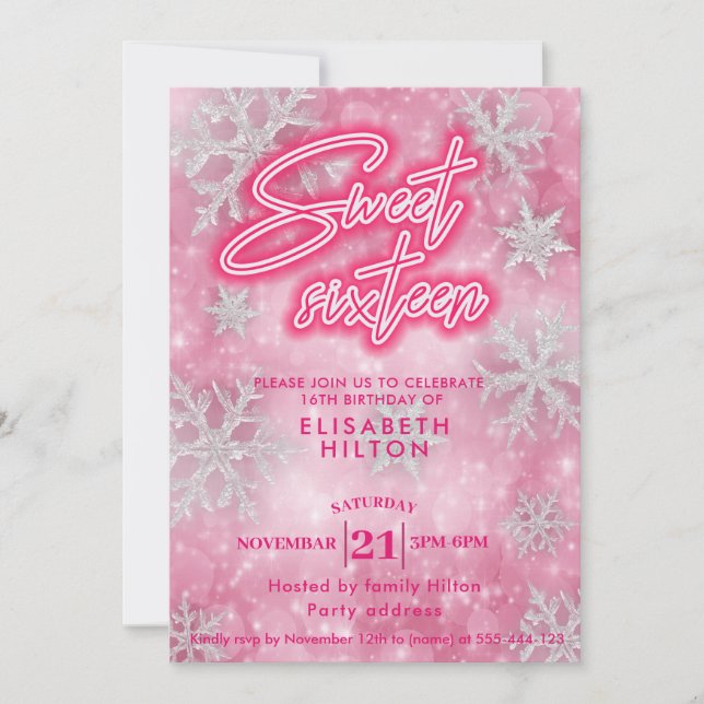 Invitation Pink Winter merveilleux flocons de neige doux 16 (Devant)