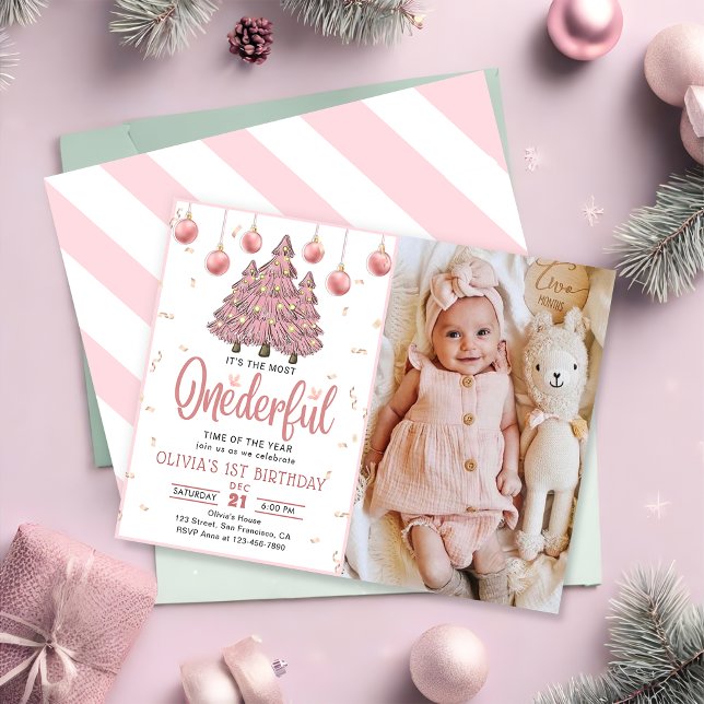 Invitation Pink Winter Onederful Noël Arbres Anniversaire (Créateur téléchargé)
