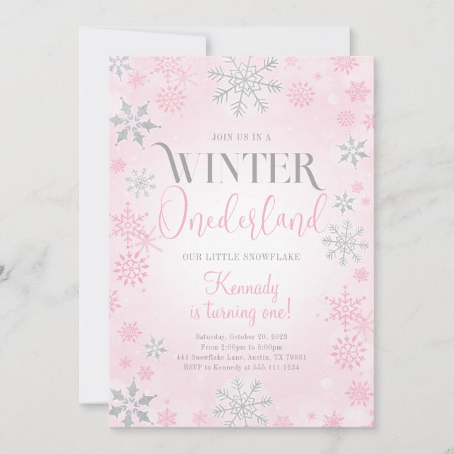 Invitation Pink Winter Onederland Anniversaire Fête Invitatio (Devant)