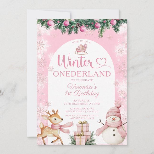 Invitation Pink Winter Onederland Girl Birthday Snowflakes (Devant)