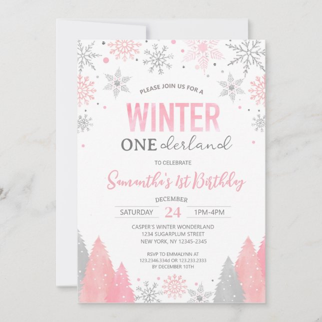 Invitation Pink Winter Onederland Snowflakes 1er anniversaire (Devant)