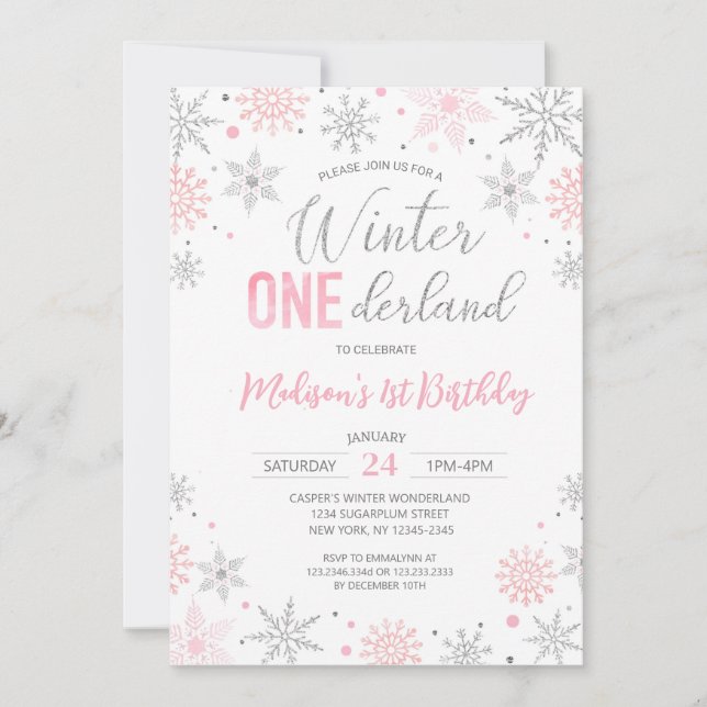 Invitation Pink Winter Onederland Snowflakes Premier annivers (Devant)