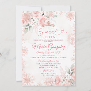 Invitation Pink Winter Rose Gold Floral Sweet 16 Anniversaire