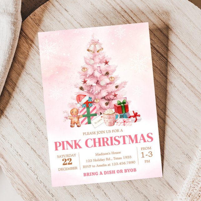 Invitation Pink Winter Tree (Pink Winter Christmas Tree Christmas Party Invitation)