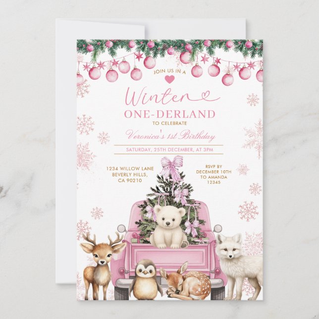 Invitation Pink Winter Truck Onederland 1st Birthday Animals (Devant)