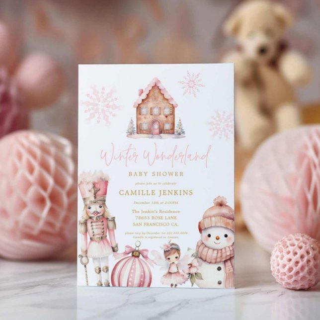 Invitation Pink Winter Wonderland Baby shower (Girl Winter Wonderland Baby Shower Invitation)
