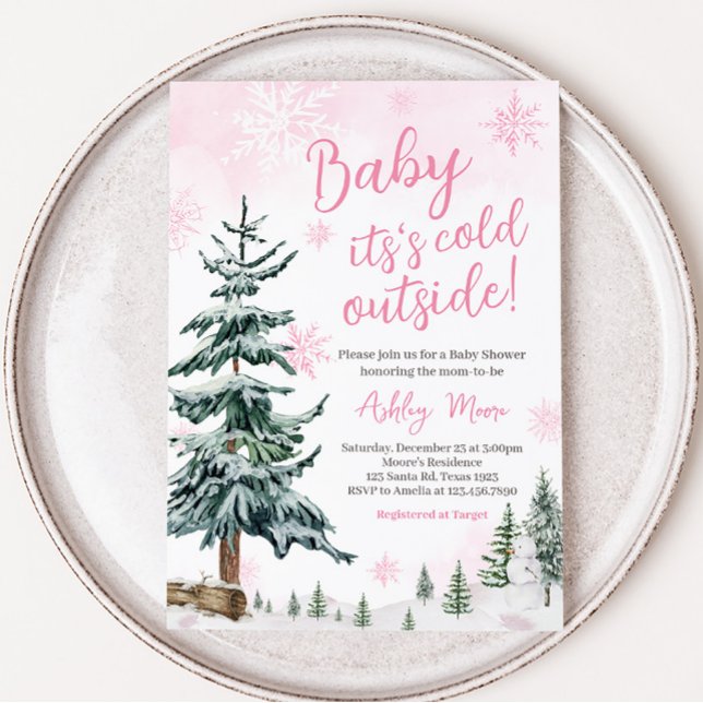 Invitation Pink Winter Wonderland Baby shower (Girl Winter Wonderland Baby Shower Invitation)