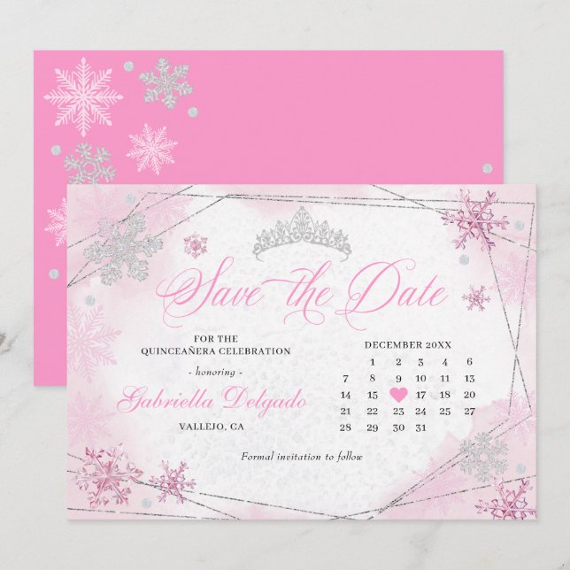 Invitation Pink Winter Wonderland Snowflake Enregistrer la da (Devant / Derrière)