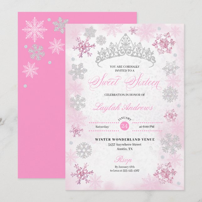 Invitation Pink Winter Wonderland Snowflake Sweet 16 (Devant / Derrière)