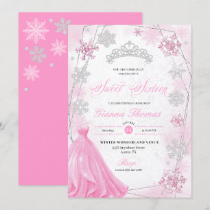 Invitation Pink Winter Wonderland Snowflake Sweet 16