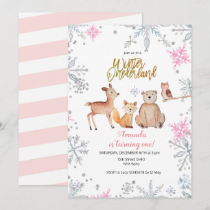 Invitation Pink Winter woodland girl 1er anniversaire aquarel