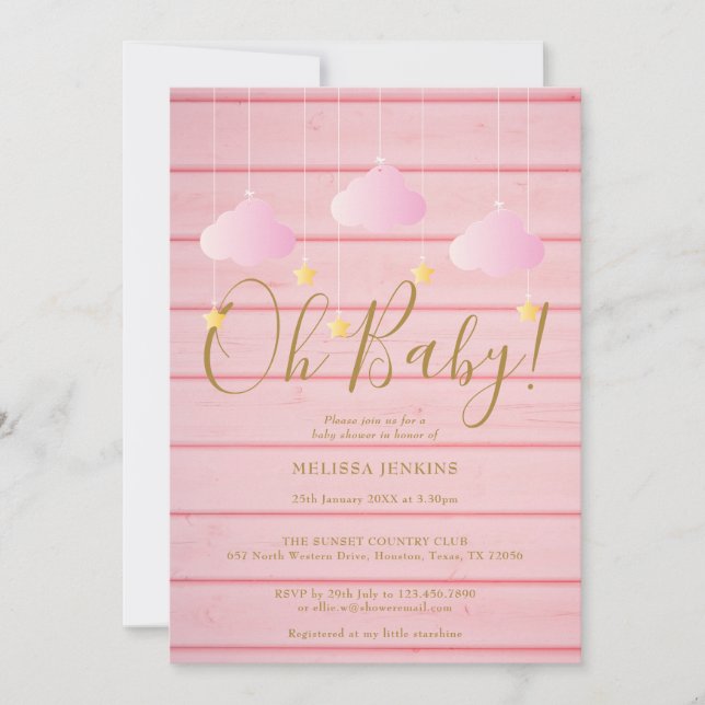 Invitation Pink Wood Twinkle Twinkle Oh Baby Baby shower (Devant)