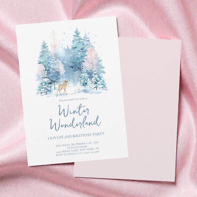 Invitation Pink Woodland Winter Wonderland 2e fête d'annivers (Pink Woodland Winter Wonderland 2nd Birthday Party Invitation)