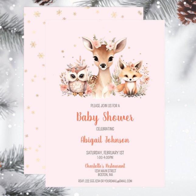 Invitation Pink Woodland Winter Wonderland Baby shower (Pink Snowflake Woodland Baby Shower Invitation, Deer Owl Fox, Baby Girl Shower, Script Whimsical)