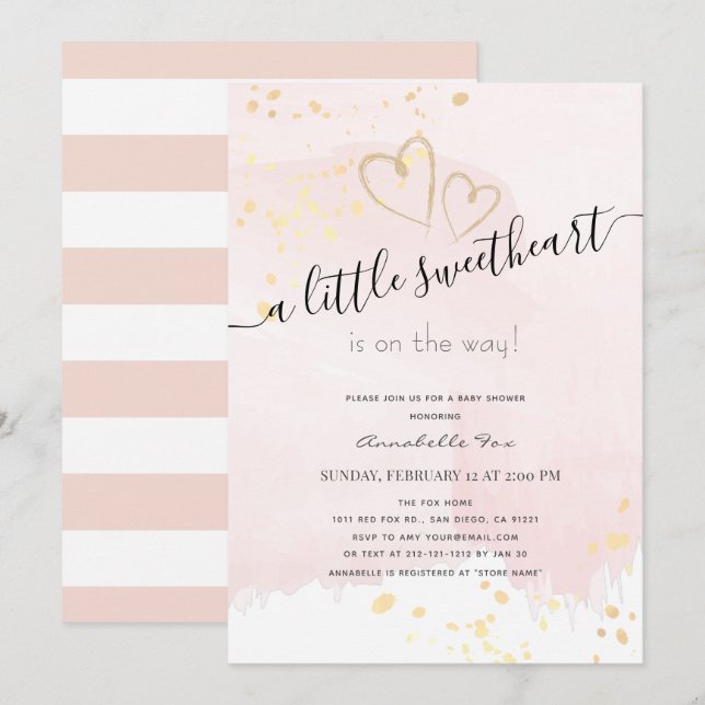 Invitation Pink x or Aquarelle Baby shower doux (Devant / Derrière)