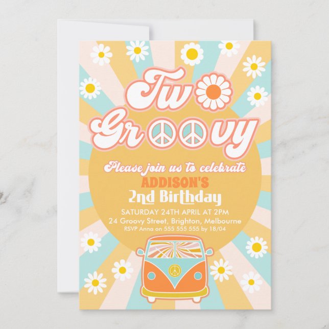 Invitation Pink Yellow Blue Deux Super Retro 2e anniversaire (Devant)