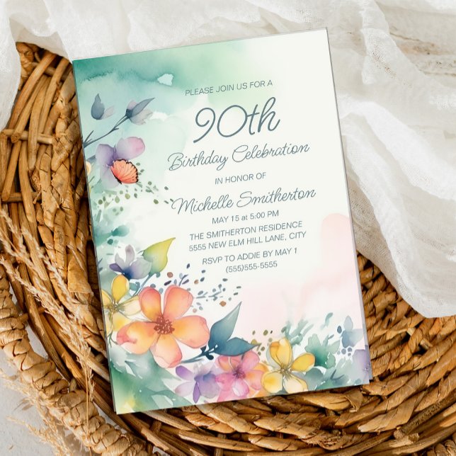 Invitation Pink Yellow Turquoise Pastel Floral 90e anniversai (Spring watercolor floral on teal and white 90th birthday party invitation)