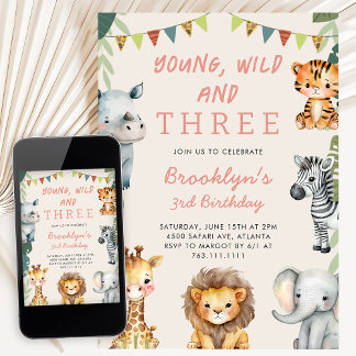 Invitation Pink Young Wild and Three Safari Birthday Party