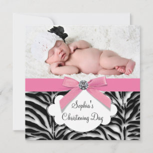 Invitation Pink Zebra Baby Girl Photo Christening