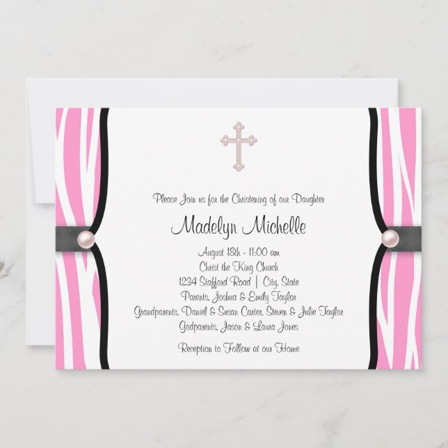 Invitation Pink Zebra Christening (Devant)