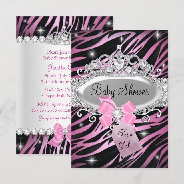 Invitation Pink Zebra Imprimer & Princess Tiara Baby shower (Devant / Derrière)