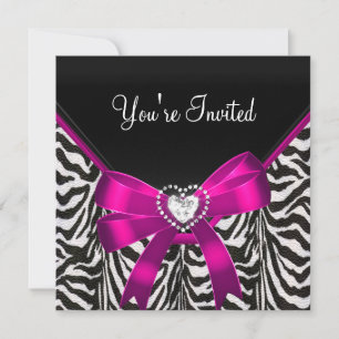 Invitation Pink Zebra Noir Blanc fête d'anniversaire