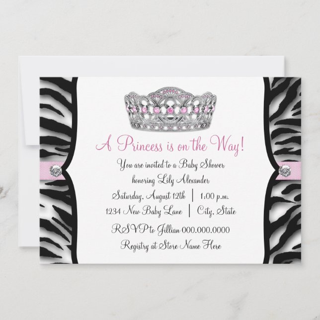 Invitation Pink Zebra Princess Baby shower rose noir (Devant)