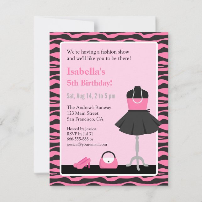 Invitation Pink Zebra Print Fashion Show Girls Birthday Party (Devant)