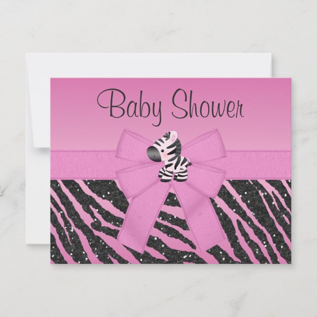 Invitation Pink Zebra Printed Bow & Glitter Look Baby Shower (Devant)