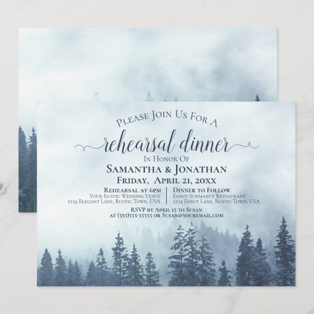 Invitation Pins Bleus Rustiques Répétition Mariage & Dîner (Devant / Derrière)