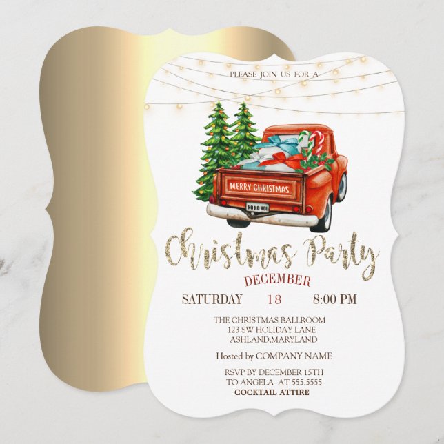 Invitation Pins de Camion Rouge, Lumières Gold Christmas Part (Devant / Derrière)