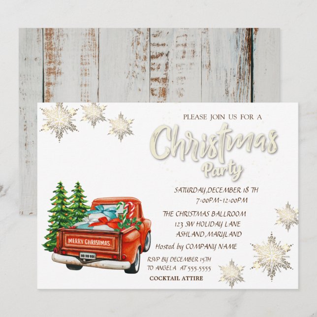 Invitation Pins de Camion Rouge Snowflakes Noël en bois (Devant / Derrière)