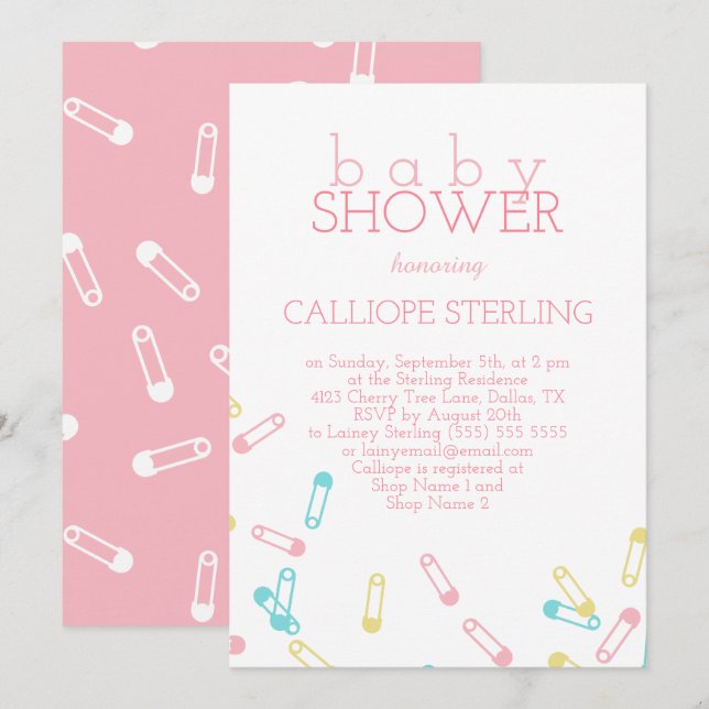 Invitation Pins de couches roses Pastel Baby shower Invitatio (Devant / Derrière)