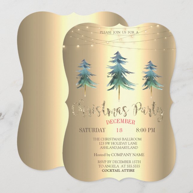 Invitation Pins de Noël, Gold Christmas Company Party (Devant / Derrière)
