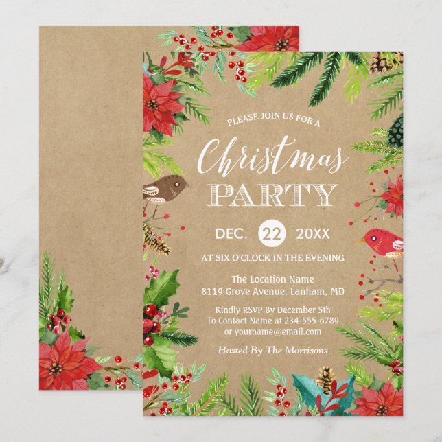 Invitation Pins Rustiques Berries Floral Kraft fête de Noël (Devant / Derrière)
