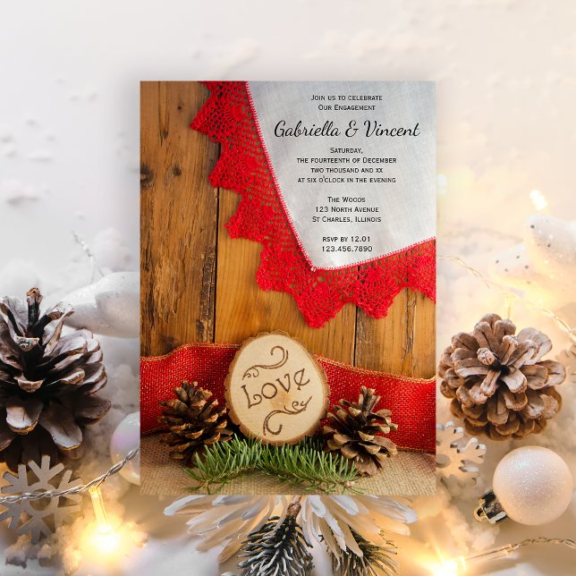 Invitation Pins rustiques et Dentelle rouge Partie d'engageme (Celebrate your winter engagement with the festive Rustic Pines and Red Lace Woodland Invitation.)