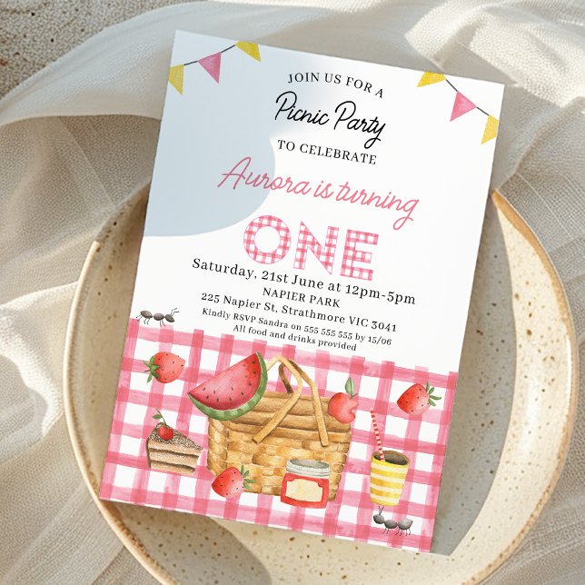 Invitation Pique-nique 1er Anniversaire Pink En vichy Bung Fl (Pink Gingham Picnic Party 1st Birthday Invitation, Picnic First Birthday Invite, Picnic Basket )