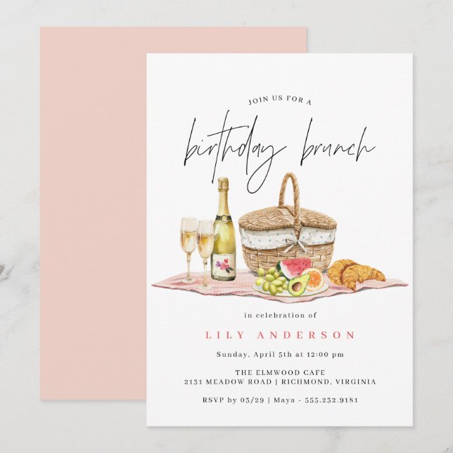 Invitation Pique-nique aquarelle | Joli Brunch d'anniversaire (Devant / Derrière)