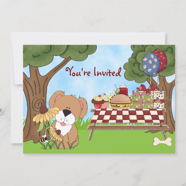 Invitation Pique-nique d'Anniversaire de Chien mignon ~ Fille (Devant)