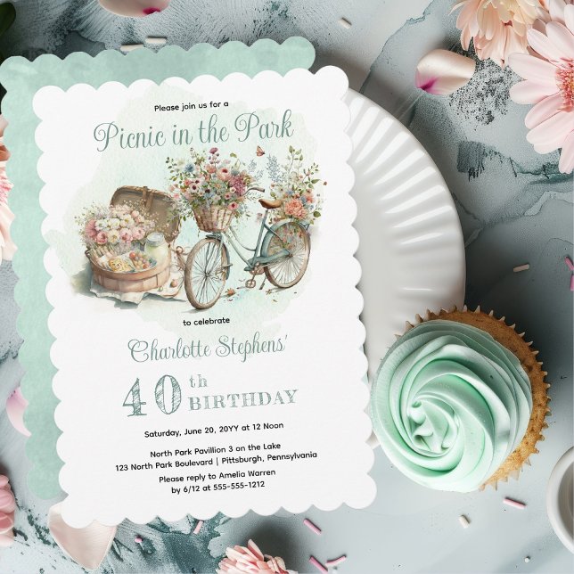 Invitation Pique-nique dans le parc Floral 40e anniversaire f (Mint Green Floral Bicycle and Picnic Basket "Picnic in the Park" 40th Birthday Party Invitation)