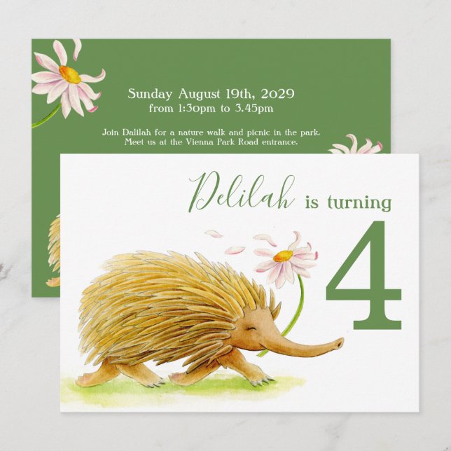 Invitation Pique-nique nature echidna 4e anniversaire invitat (Devant / Derrière)