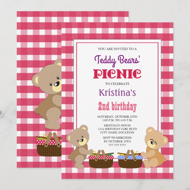 Invitation Pique-nique nounours fête d'anniversaire (Devant / Derrière)